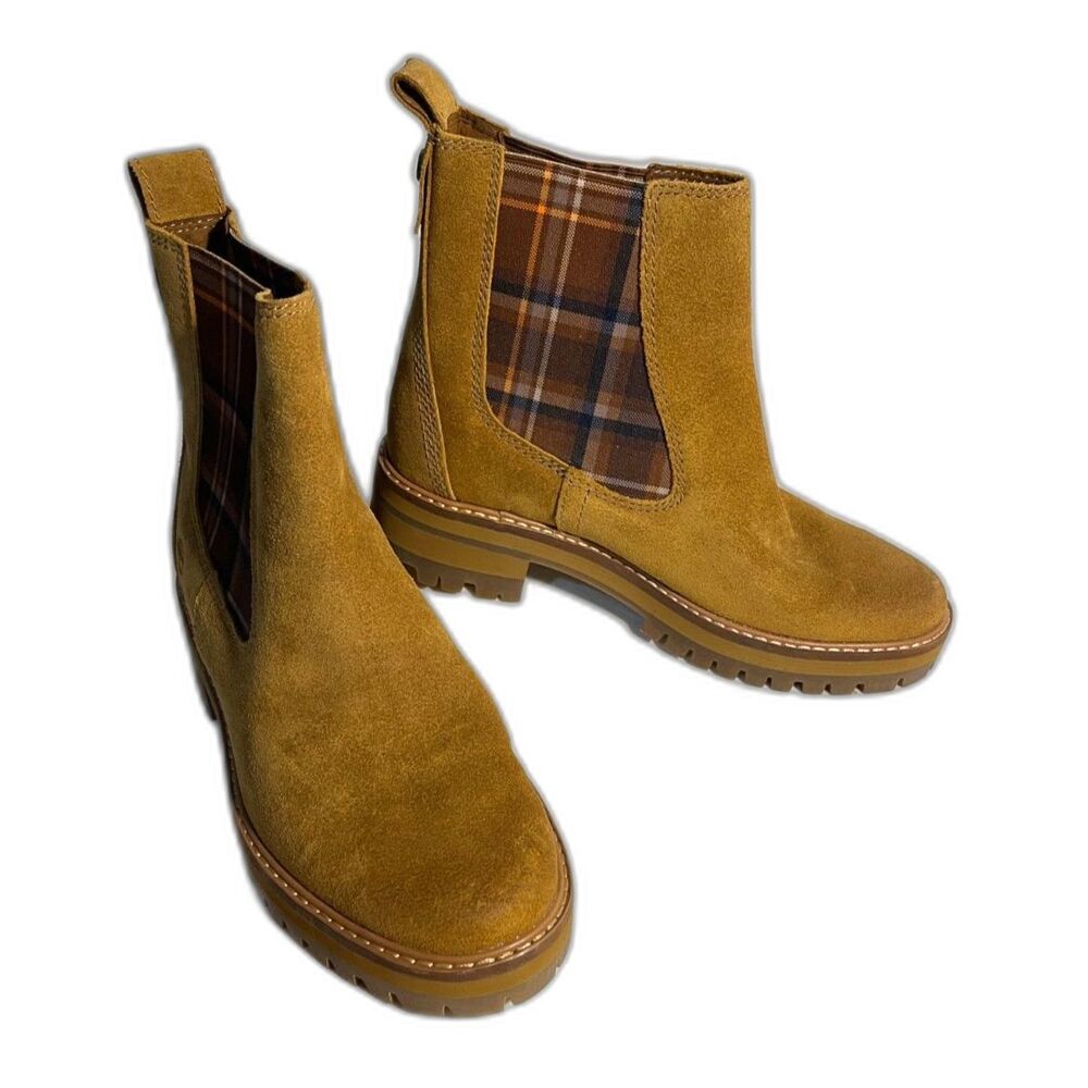 New Women’s SZ 7 Timberland Chelsea Leather Camel Suede Boots Plaid Brown